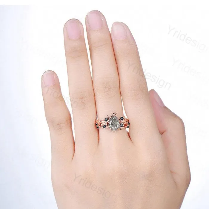 Nature inspired salt pepper diamond engagement ring vintage pear shaped twig vine pepper diamond bridal set unique leaf vine ring for women PENFINE Rings Nature inspired salt pepper diamond engagement ring vintage pear shaped twig vine pepper diamond bridal set unique leaf vine ring for women PENFINE Rings