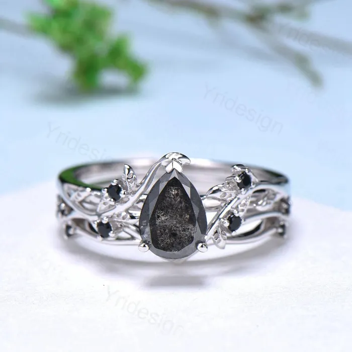 Nature inspired salt pepper diamond engagement ring vintage pear shaped twig vine pepper diamond bridal set unique leaf vine ring for women PENFINE Rings Nature inspired salt pepper diamond engagement ring vintage pear shaped twig vine pepper diamond bridal set unique leaf vine ring for women PENFINE Rings
