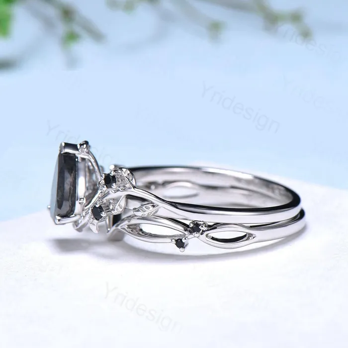 Nature inspired salt pepper diamond engagement ring vintage pear shaped twig vine pepper diamond bridal set unique leaf vine ring for women PENFINE Rings Nature inspired salt pepper diamond engagement ring vintage pear shaped twig vine pepper diamond bridal set unique leaf vine ring for women PENFINE Rings
