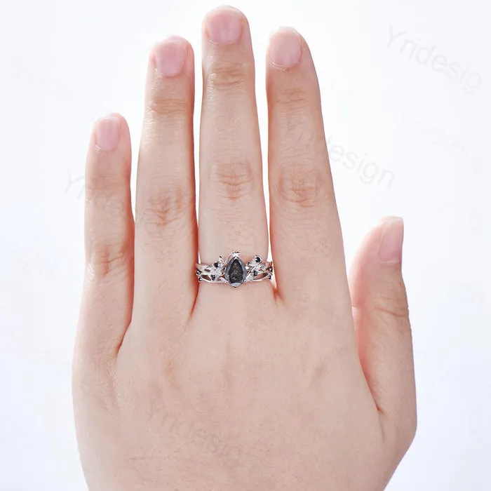 Nature inspired salt pepper diamond engagement ring vintage pear shaped twig vine pepper diamond bridal set unique leaf vine ring for women PENFINE Rings Nature inspired salt pepper diamond engagement ring vintage pear shaped twig vine pepper diamond bridal set unique leaf vine ring for women PENFINE Rings