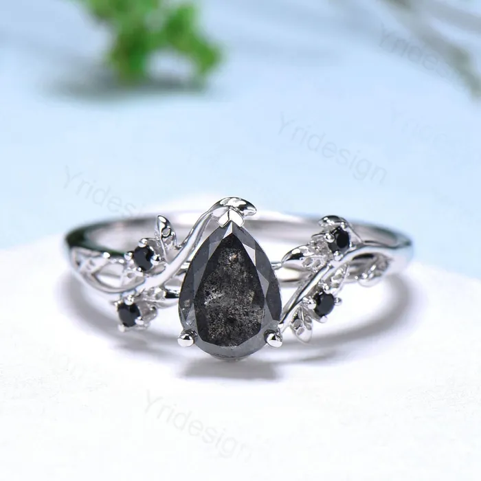 Nature inspired salt pepper diamond engagement ring vintage pear shaped twig vine pepper diamond bridal set unique leaf vine ring for women PENFINE Rings Nature inspired salt pepper diamond engagement ring vintage pear shaped twig vine pepper diamond bridal set unique leaf vine ring for women PENFINE Rings