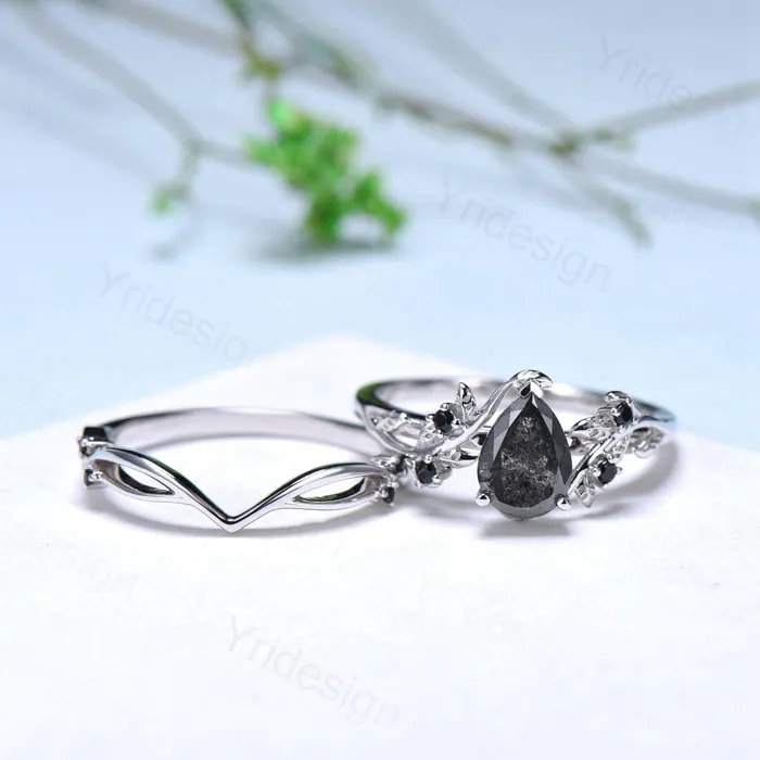 Nature inspired salt pepper diamond engagement ring vintage pear shaped twig vine pepper diamond bridal set unique leaf vine ring for women PENFINE Rings Nature inspired salt pepper diamond engagement ring vintage pear shaped twig vine pepper diamond bridal set unique leaf vine ring for women PENFINE Rings