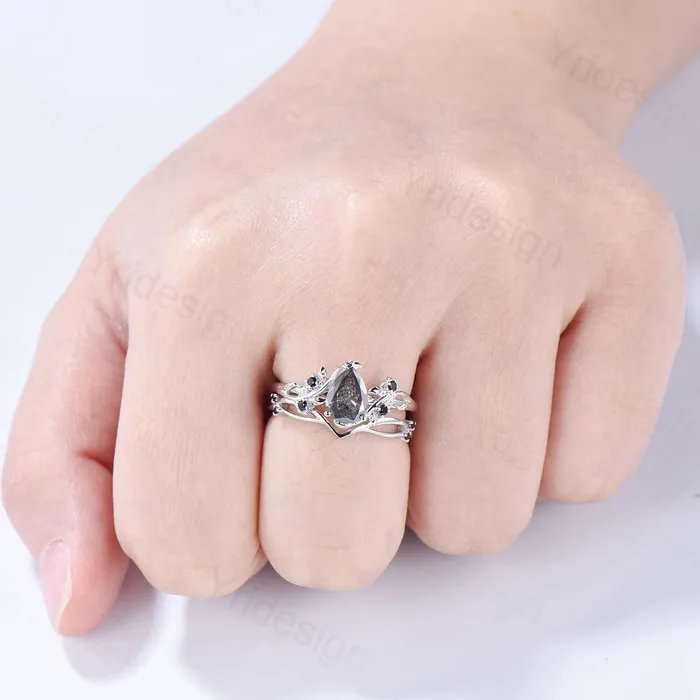 Nature inspired salt pepper diamond engagement ring vintage pear shaped twig vine pepper diamond bridal set unique leaf vine ring for women PENFINE Rings Nature inspired salt pepper diamond engagement ring vintage pear shaped twig vine pepper diamond bridal set unique leaf vine ring for women PENFINE Rings