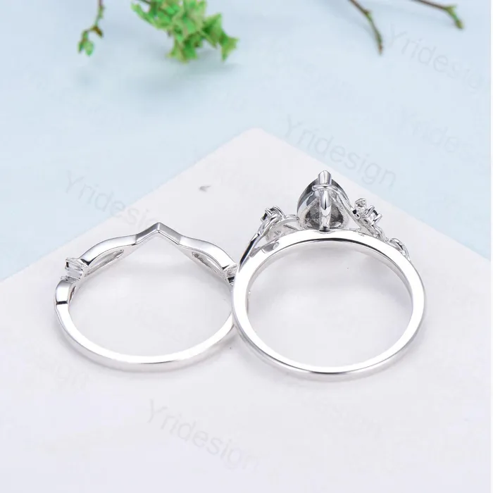 Nature inspired salt pepper diamond engagement ring vintage pear shaped twig vine pepper diamond bridal set unique leaf vine ring for women PENFINE Rings Nature inspired salt pepper diamond engagement ring vintage pear shaped twig vine pepper diamond bridal set unique leaf vine ring for women PENFINE Rings