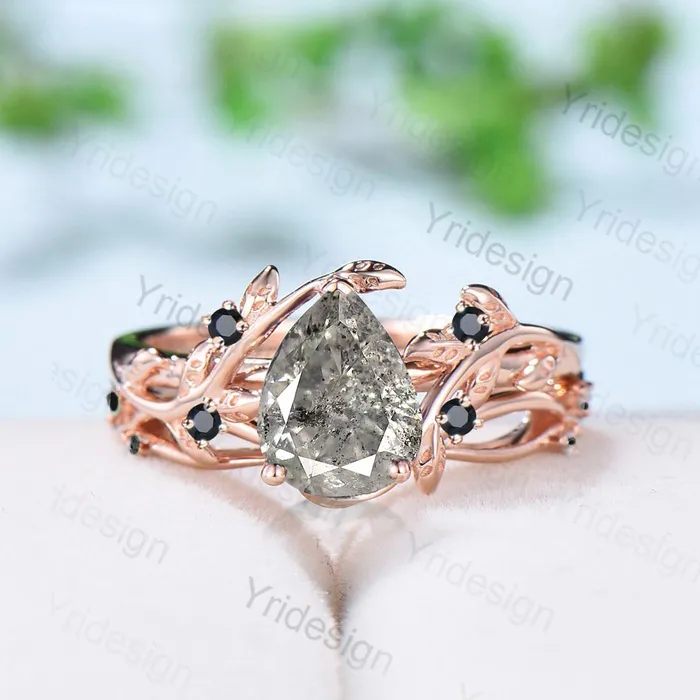 Nature inspired salt pepper diamond engagement ring vintage pear shaped twig vine pepper diamond bridal set unique leaf vine ring for women PENFINE Rings Nature inspired salt pepper diamond engagement ring vintage pear shaped twig vine pepper diamond bridal set unique leaf vine ring for women PENFINE Rings