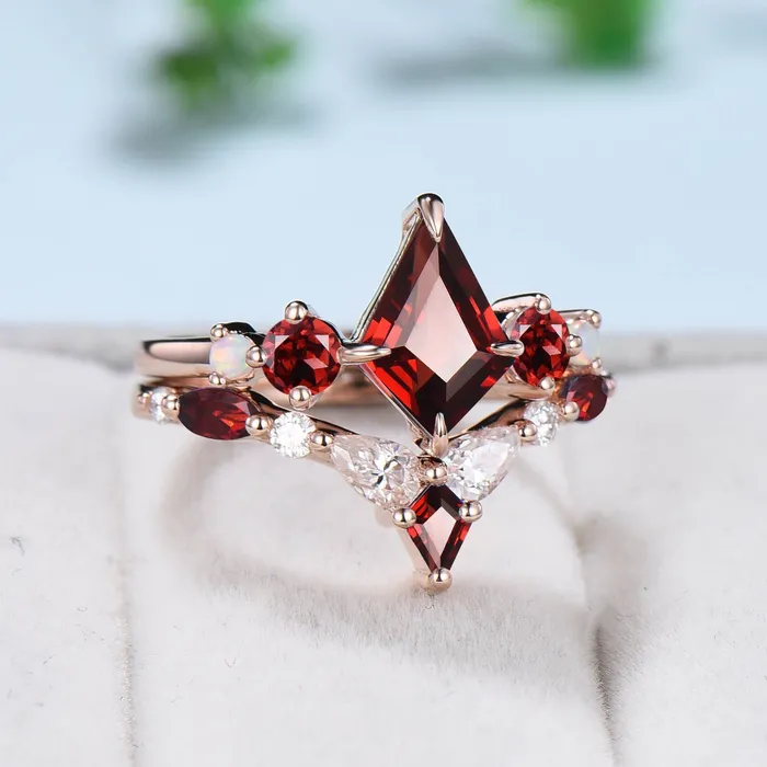 Rings PENFINE Vintage Kite Cut Garnet Ring Unique Five Stone Red Garnet Engagement Ring Set Unique Art Deco Opal Moissanite Stacking Bridal Set Women Gift Rings PENFINE Vintage Kite Cut Garnet Ring Unique Five Stone Red Garnet Engagement Ring Set Unique Art Deco Opal Moissanite Stacking Bridal Set Women Gift