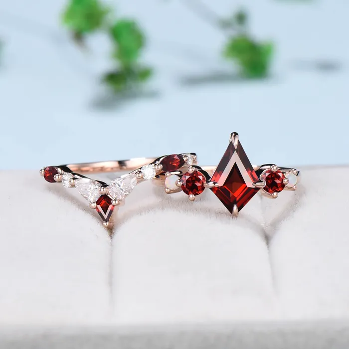 Rings PENFINE Vintage Kite Cut Garnet Ring Unique Five Stone Red Garnet Engagement Ring Set Unique Art Deco Opal Moissanite Stacking Bridal Set Women Gift Rings PENFINE Vintage Kite Cut Garnet Ring Unique Five Stone Red Garnet Engagement Ring Set Unique Art Deco Opal Moissanite Stacking Bridal Set Women Gift