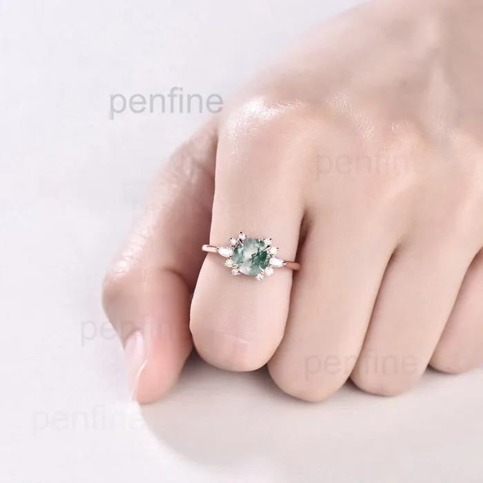 Rings PENFINE Vintage Moss Agate Engagement Ring Rose Gold Ring Cluster Moissanite Ring For Women Unique Moss Agate Ring Gold Antique Jewelry Bridal Gift