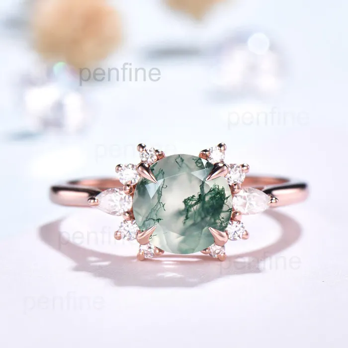 Rings PENFINE Vintage Moss Agate Engagement Ring Rose Gold Ring Cluster Moissanite Ring For Women Unique Moss Agate Ring Gold Antique Jewelry Bridal Gift