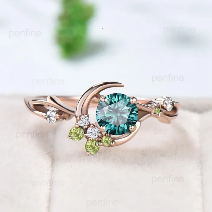 Unique Crescent Moon Green Moissanite Engagement Ring Vintage Rose Gold Star Moon Cluster Peridot Ring Art Deco Promise Anniversary Gift Her PENFINE Rings Unique Crescent Moon Green Moissanite Engagement Ring Vintage Rose Gold Star Moon Cluster Peridot Ring Art Deco Promise Anniversary Gift Her PENFINE Rings
