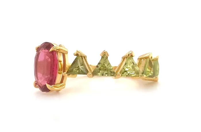 Albert Hern Ring 18kt Gold Oval Rubellite Green Sapphires Rings