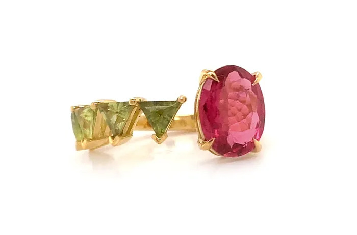 Albert Hern Ring 18kt Gold Oval Rubellite Green Sapphires Rings