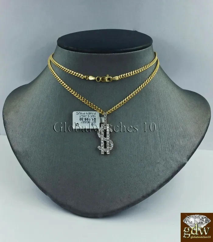 10k Gold Diamond Dollar Sign Charm Pendant with 24 Inch Miami Cuban Chain Real Gold and Diamond Charm Necklaces
