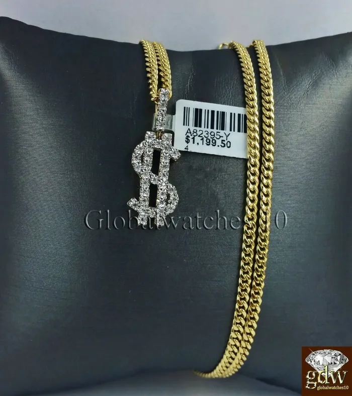 10k Gold Diamond Dollar Sign Charm Pendant with 24 Inch Miami Cuban Chain Real Gold and Diamond Charm Necklaces