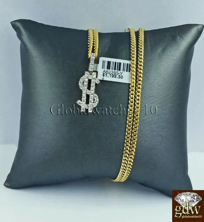 10k Gold Diamond Dollar Sign Charm Pendant with 24 Inch Miami Cuban Chain Real Gold and Diamond Charm Necklaces