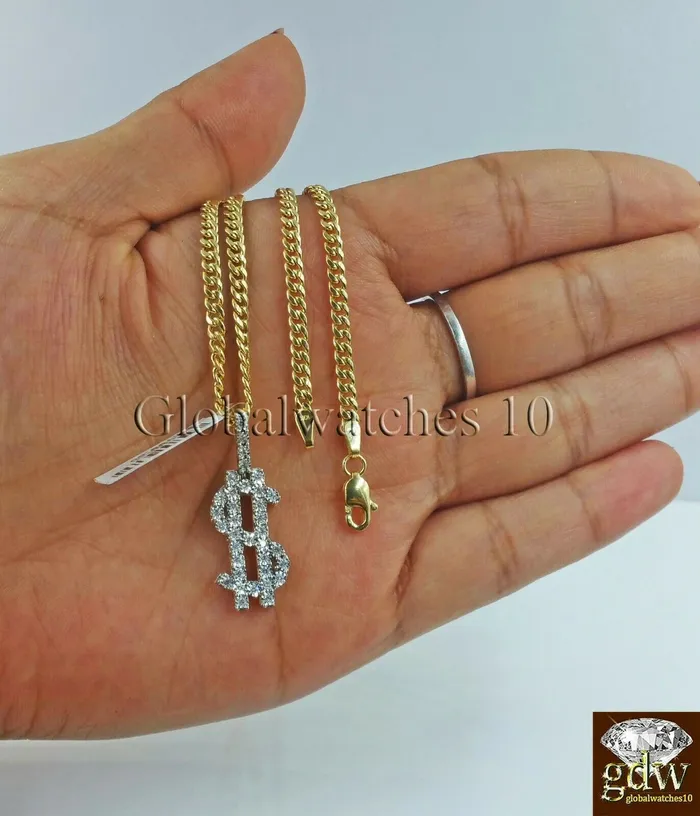 10k Gold Diamond Dollar Sign Charm Pendant with 24 Inch Miami Cuban Chain Real Gold and Diamond Charm Necklaces