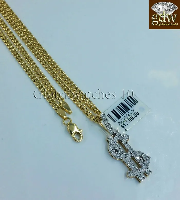 10k Gold Diamond Dollar Sign Charm Pendant with 24 Inch Miami Cuban Chain Real Gold and Diamond Charm Necklaces