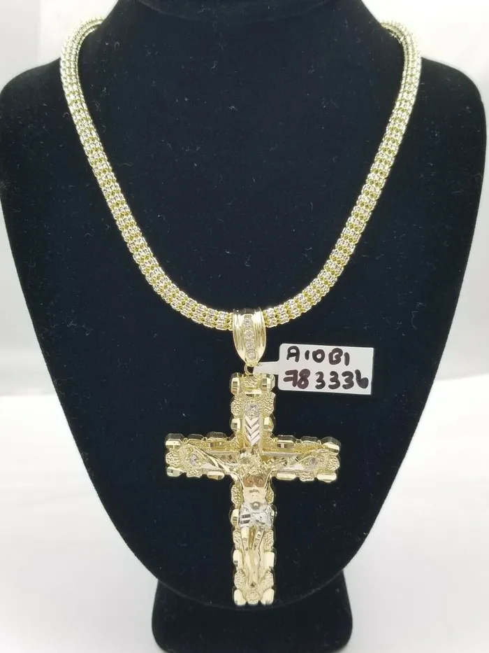 10k Gold Jesus Cross Charm 26 Iced Chain Bead Necklace Diamond Cut Nugget Real Gold and Diamond Necklaces 10k Gold Jesus Cross Charm 26 Iced Chain Bead Necklace Diamond Cut Nugget Real Gold and Diamond Necklaces