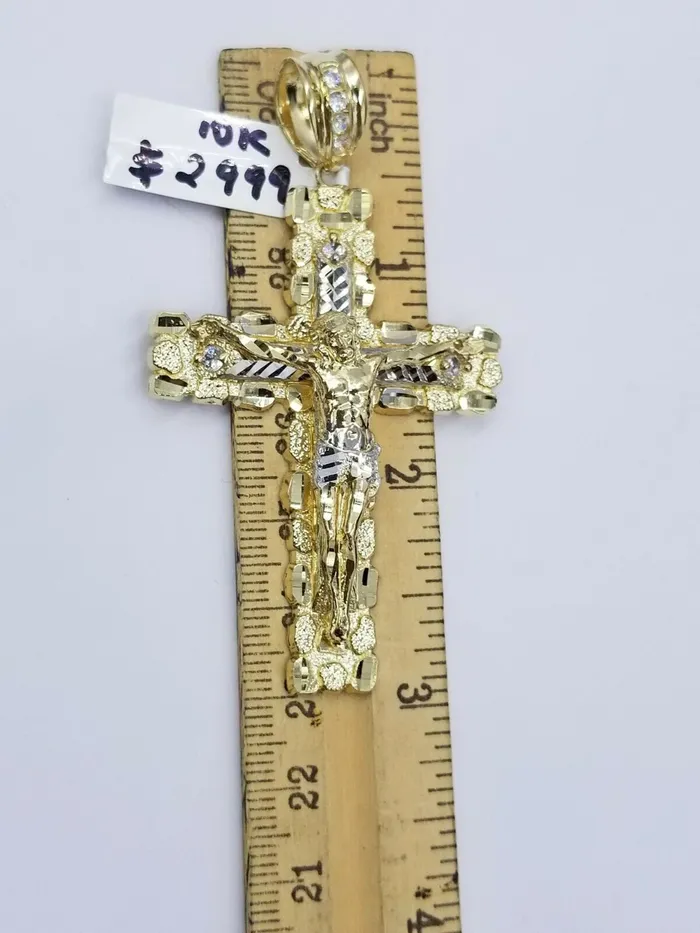 10k Gold Jesus Cross Charm 26 Iced Chain Bead Necklace Diamond Cut Nugget Real Gold and Diamond Necklaces