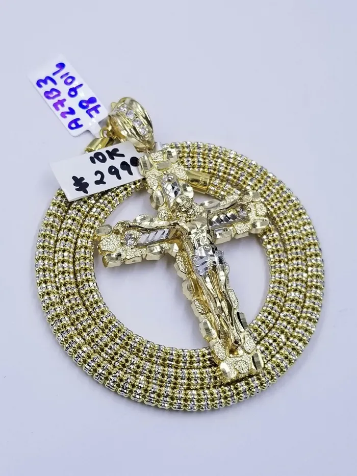 10k Gold Jesus Cross Charm 26 Iced Chain Bead Necklace Diamond Cut Nugget Real Gold and Diamond Necklaces