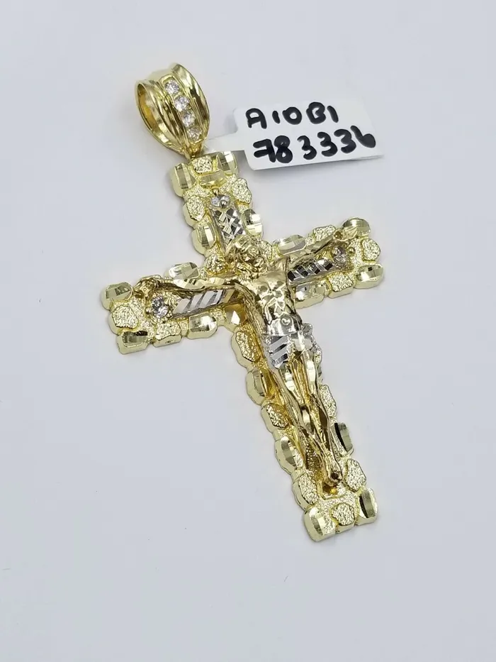 10k Gold Jesus Cross Charm 26 Iced Chain Bead Necklace Diamond Cut Nugget Real Gold and Diamond Necklaces
