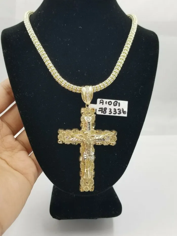 10k Gold Jesus Cross Charm 26 Iced Chain Bead Necklace Diamond Cut Nugget Real Gold and Diamond Necklaces
