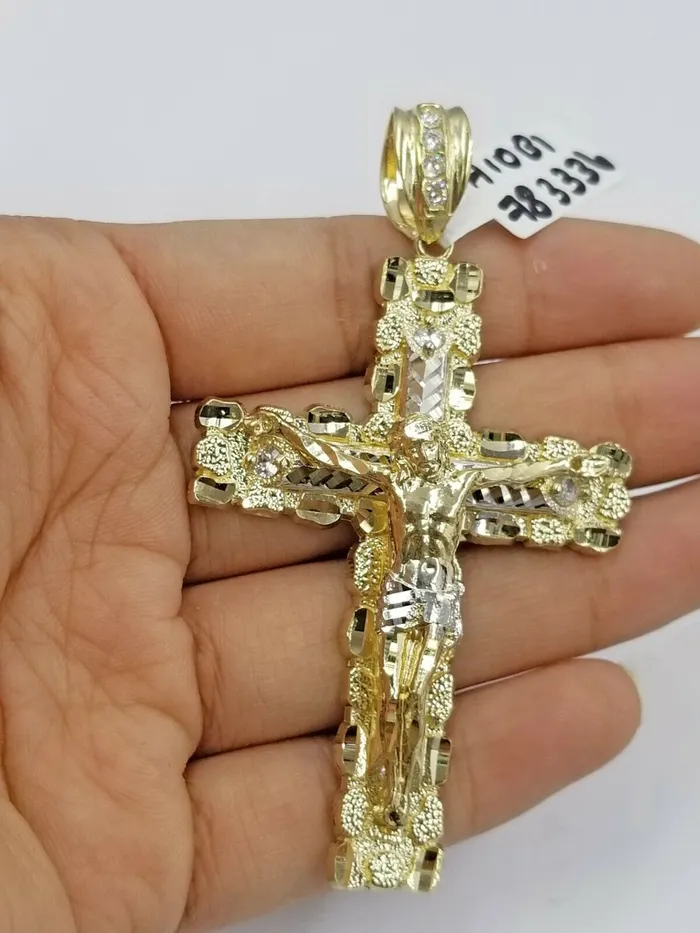 10k Gold Jesus Cross Charm 26 Iced Chain Bead Necklace Diamond Cut Nugget Real Gold and Diamond Necklaces
