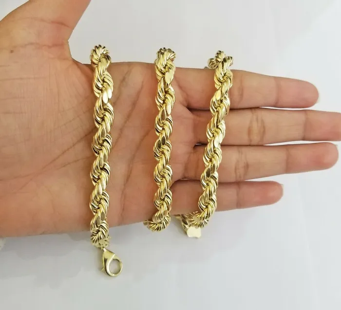 10k Real Yellow Gold Rope Chain 10mm 28 Mens thick necklace diamond cuts 10kt Gold and Diamond Necklaces