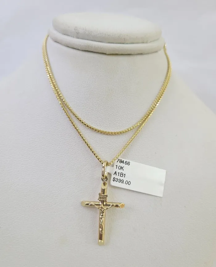 10K Solid Franco Chain Jesus Cross Pendant Charm Necklace 1624 1mm Ladies Globalwatches10 Necklaces