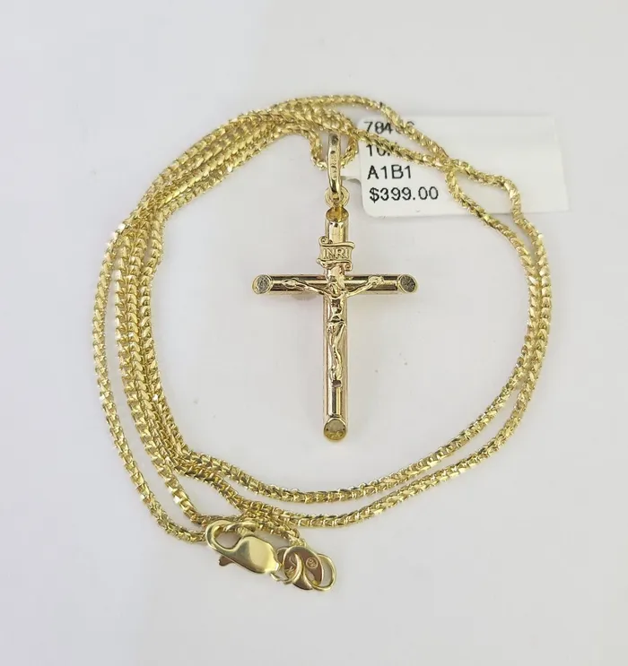 10K Solid Franco Chain Jesus Cross Pendant Charm Necklace 1624 1mm Ladies Globalwatches10 Necklaces