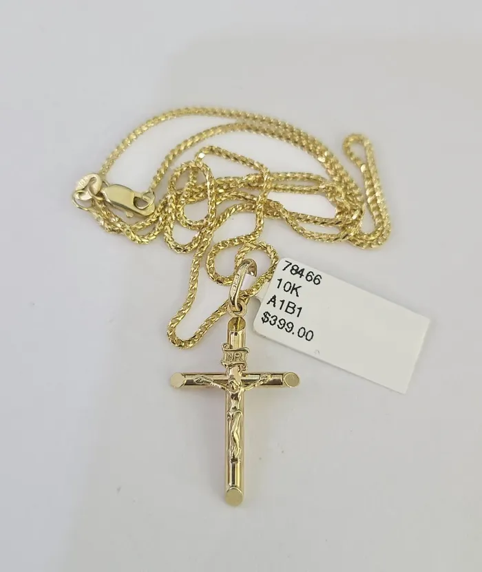 10K Solid Franco Chain Jesus Cross Pendant Charm Necklace 1624 1mm Ladies Globalwatches10 Necklaces