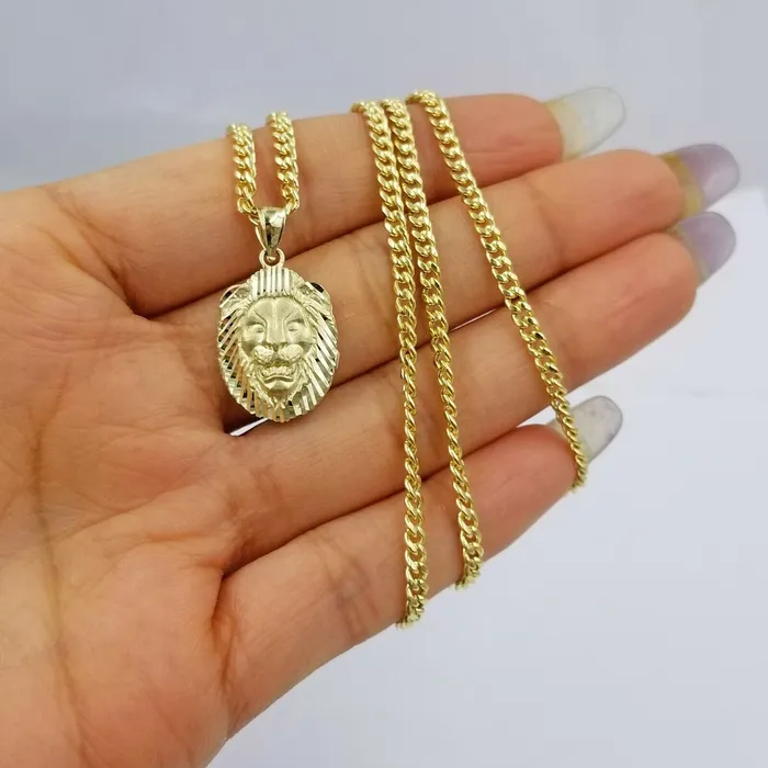 10k Yellow Gold Lion Head Charm Pendent 3mm Miami Cuban Chain 18 20 22 24 Globalwatches10 Charm Necklaces
