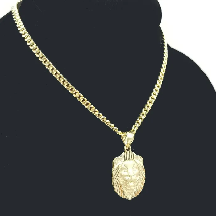 10k Yellow Gold Lion Head Charm Pendent 3mm Miami Cuban Chain 18 20 22 24 Globalwatches10 Charm Necklaces