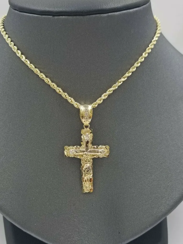 10k Yellow Gold Men Crucifix Cross CharmPendant Diamond Cut Jesus REAL Gold and Diamond Necklaces