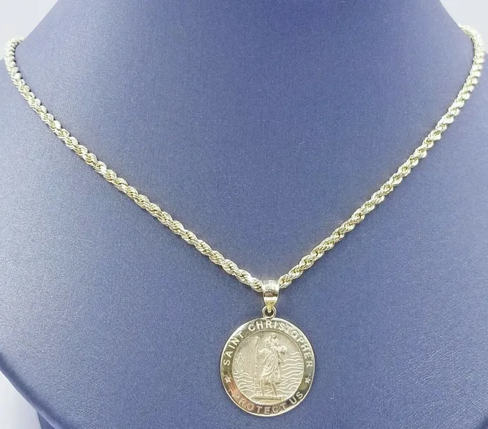 Charm Necklaces Gold and Diamond 10k Yellow Gold Saint Christopher Pendant Charm 25mm 18 28 Rope Chain Real