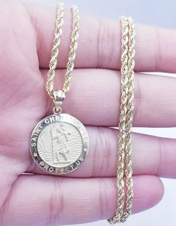 Charm Necklaces Gold and Diamond 10k Yellow Gold Saint Christopher Pendant Charm 25mm 18 28 Rope Chain Real