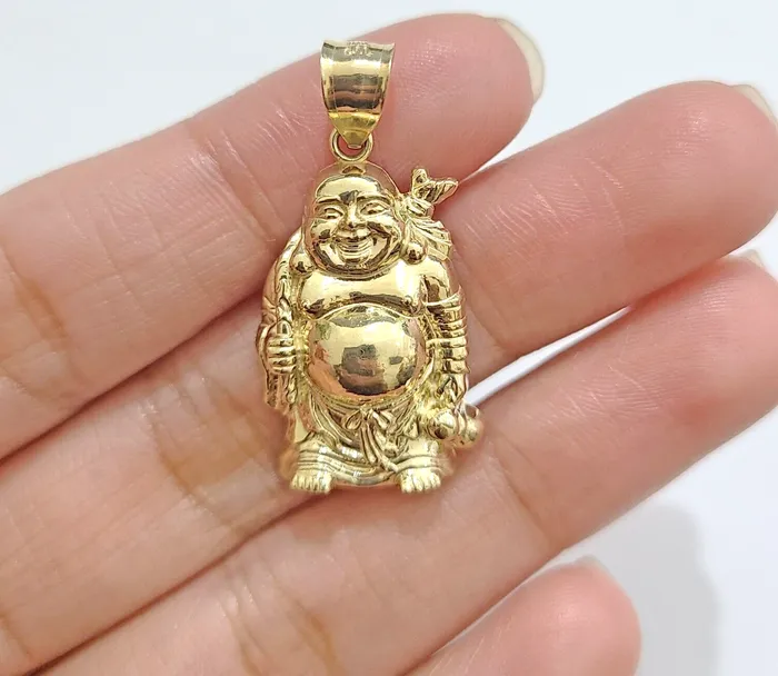 Globalwatches10 10k Yellow Gold Lucky Laughing Buddha Charm Religious Pendant Smiling Real 10Kt Charm Necklaces