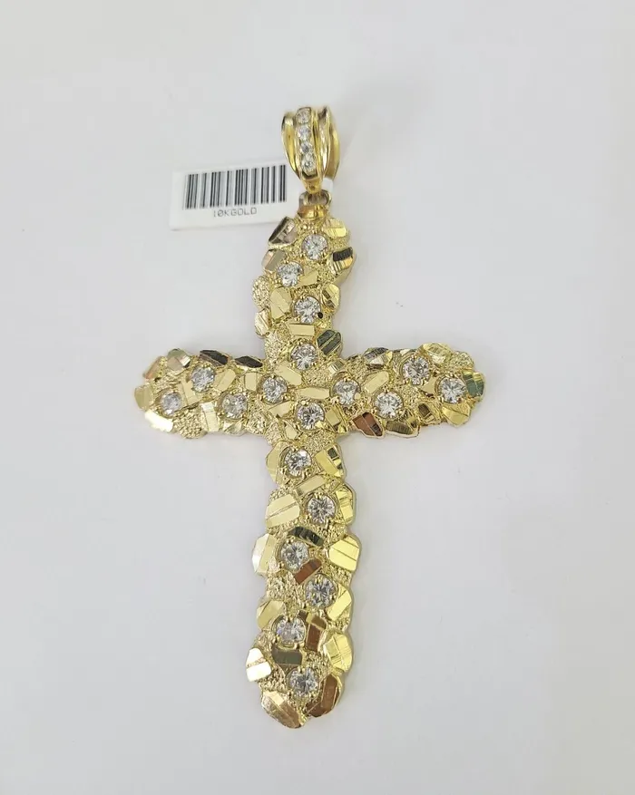 Gold and Diamond 10K Jesus Cross Charm Pendant Nugget Religious Yellow Gold Real 10kt Charm Necklaces
