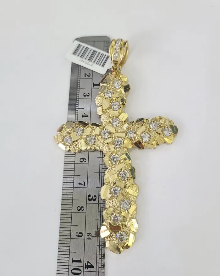 Gold and Diamond 10K Jesus Cross Charm Pendant Nugget Religious Yellow Gold Real 10kt Charm Necklaces