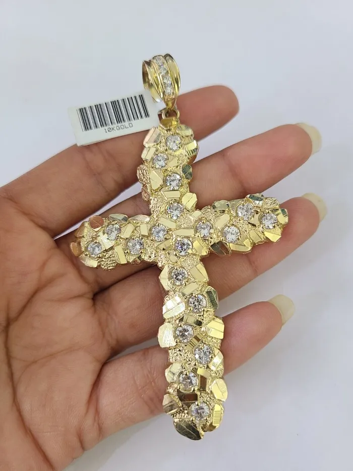 Gold and Diamond 10K Jesus Cross Charm Pendant Nugget Religious Yellow Gold Real 10kt Charm Necklaces