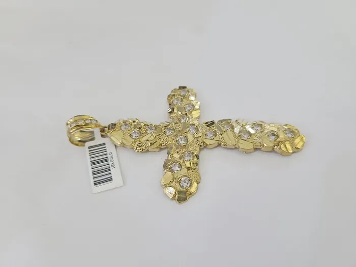 Gold and Diamond 10K Jesus Cross Charm Pendant Nugget Religious Yellow Gold Real 10kt Charm Necklaces