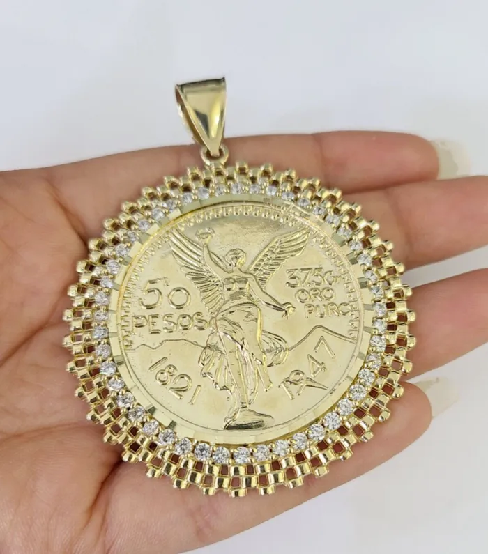 Gold and Diamond Charm Necklaces 10k Centenario Coin Charm Yellow Gold 50 Pesos 1947 MexicoMexican Coin 25