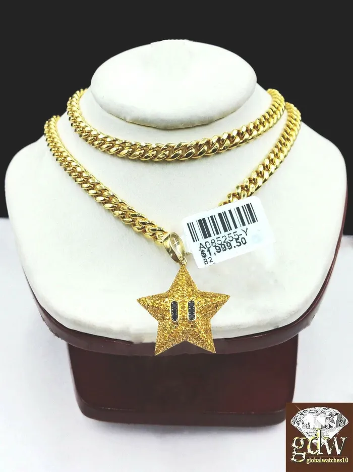 Gold and Diamond Charm Necklaces 10k Real Yellow Gold Real Diamond Star Emoji Charm 18 Inch Miami Cuban CHAIN