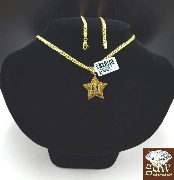 Gold and Diamond Charm Necklaces 10k Real Yellow Gold Real Diamond Star Emoji Charm 18 Inch Miami Cuban CHAIN