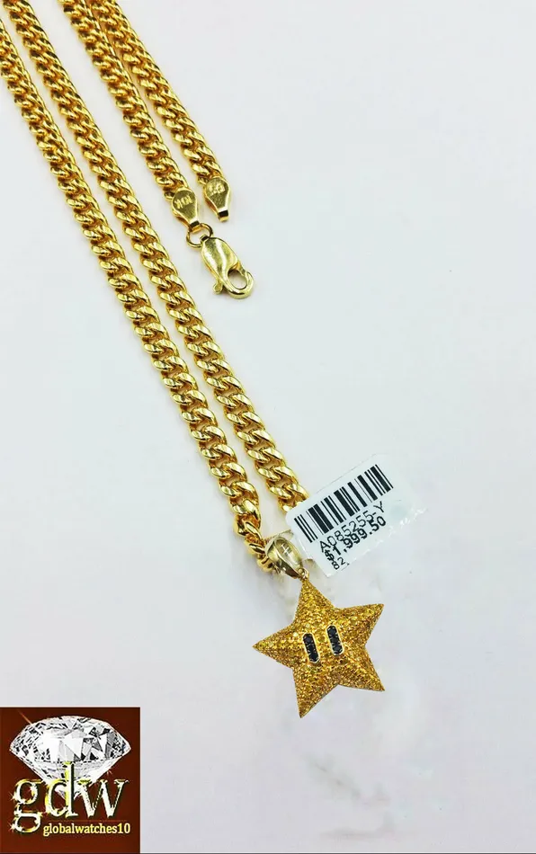 Gold and Diamond Charm Necklaces 10k Real Yellow Gold Real Diamond Star Emoji Charm 18 Inch Miami Cuban CHAIN