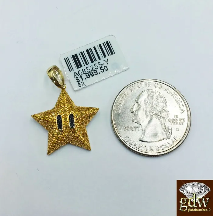 Gold and Diamond Charm Necklaces 10k Real Yellow Gold Real Diamond Star Emoji Charm 18 Inch Miami Cuban CHAIN