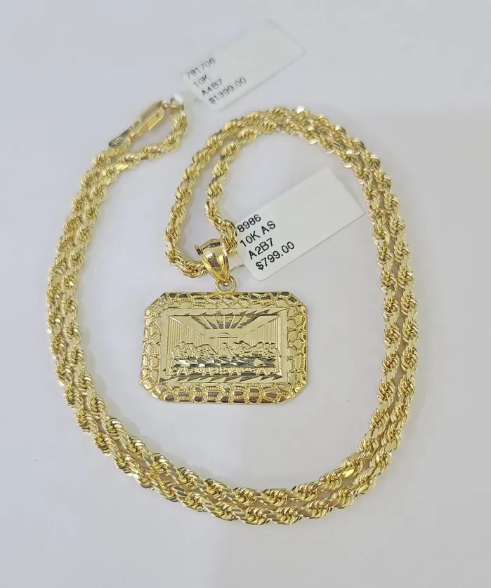 Gold and Diamond Charm Necklaces Real 10k 3mm Rope Chain Last Supper Pendant Charm 18 20 22 24 26 Set Yellow