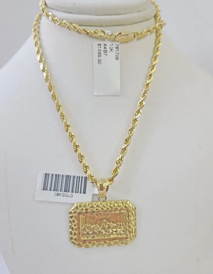 Gold and Diamond Charm Necklaces Real 10k 3mm Rope Chain Last Supper Pendant Charm 18 20 22 24 26 Set Yellow