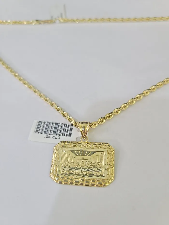 Gold and Diamond Charm Necklaces Real 10k 3mm Rope Chain Last Supper Pendant Charm 18 20 22 24 26 Set Yellow