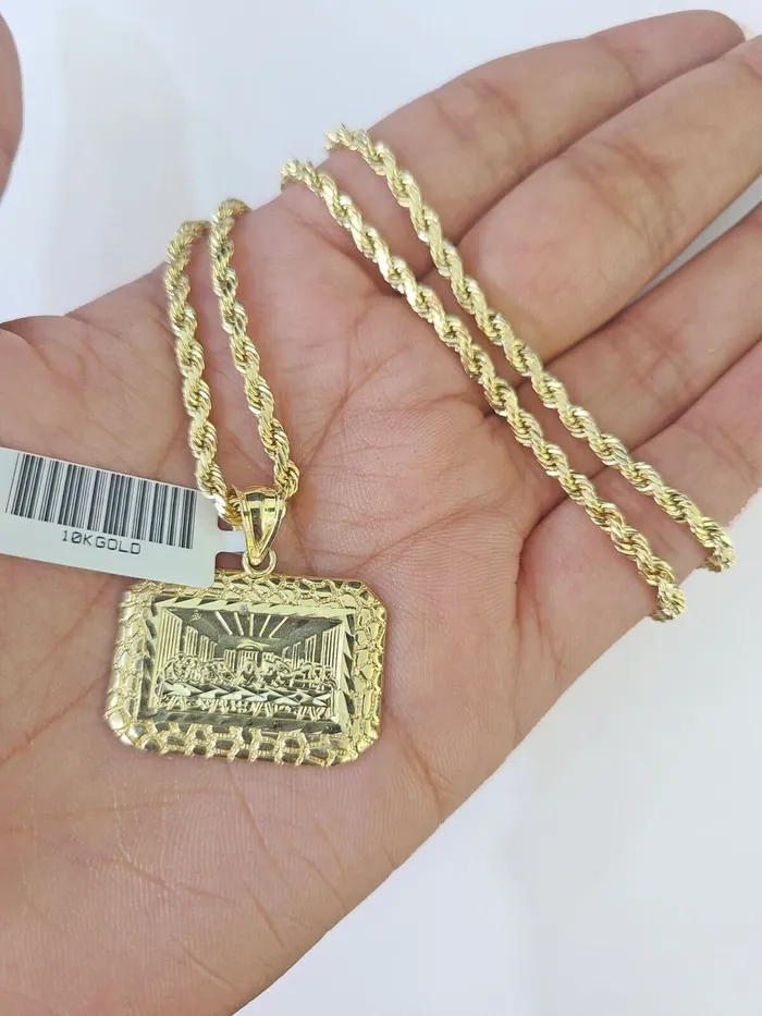 Gold and Diamond Charm Necklaces Real 10k 3mm Rope Chain Last Supper Pendant Charm 18 20 22 24 26 Set Yellow
